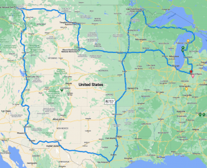 map of the United States with route shown